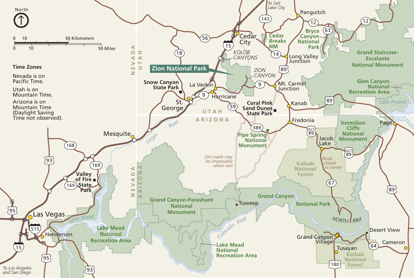 National Park Service area map of southwest Utah, showing Zion National Park, St. George, Snow Canyon State Park, Cedar City, Kanab, and Las Vegas.