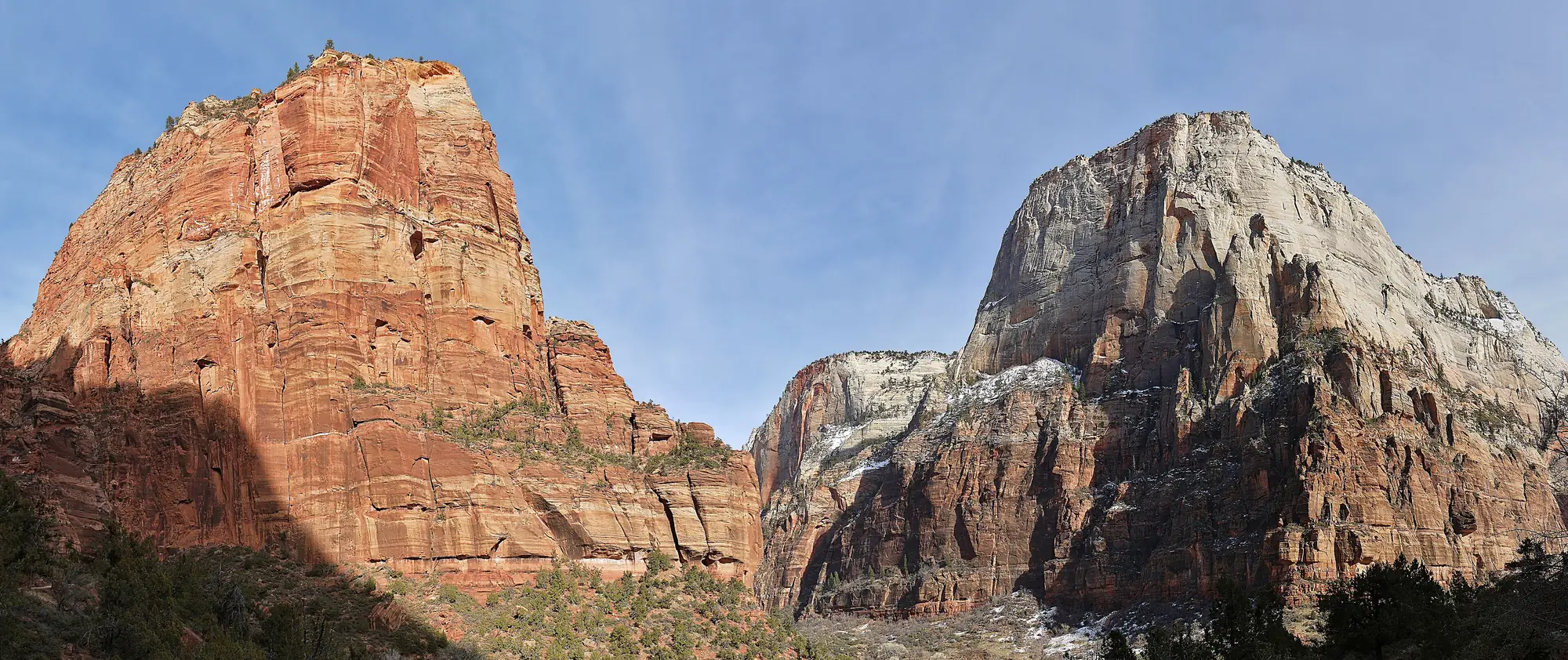 Panorama of Angels Landing and the Great White Throne rising above Zion Canyon.