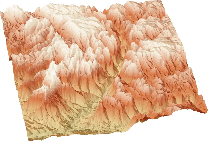 3D terrain view of Zion Canyon and the plateaus around it, rendered as a shaded relief surface in red and tan tones.