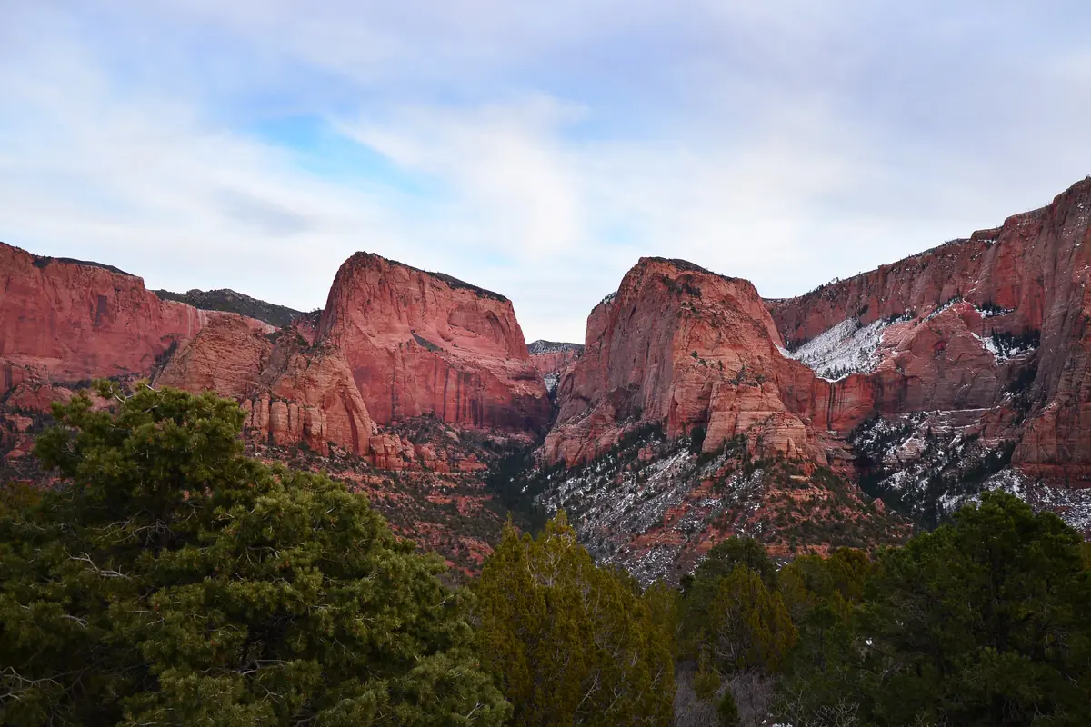 Red finger canyons with a dusting of snow seen from the Kolob Canyons Viewpoint, Zion National Park.