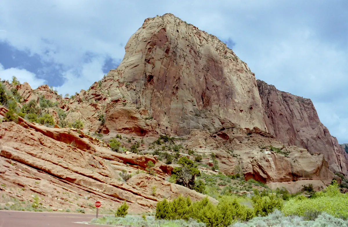 Red cliffs of Timber Top Mountain rising above green scrub in the Kolob Canyons section of Zion National Park.