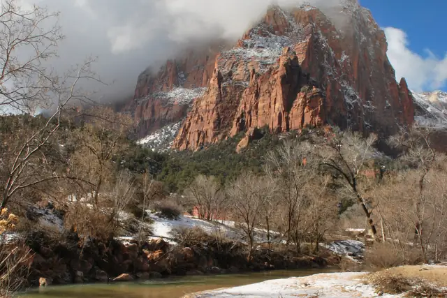 The Sentinel towering over the Virgin River on a winter day, Zion National Park.