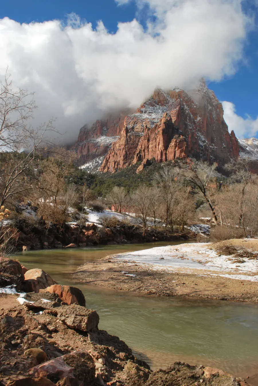 The Sentinel towering over the Virgin River on a winter day, Zion National Park.